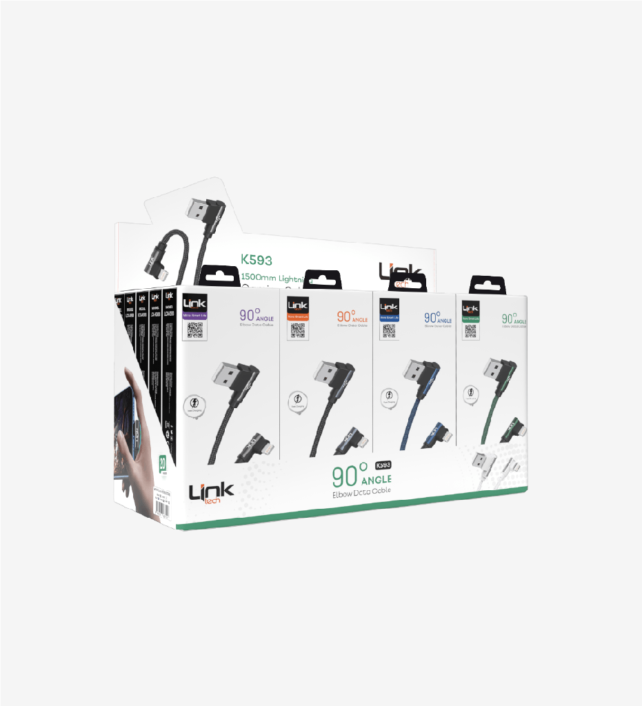 K593 Gaming 90° Derece Metalik Başlıklı 1500mm 3A Örgülü Lightning Şarj Kablosu 20'li Paket