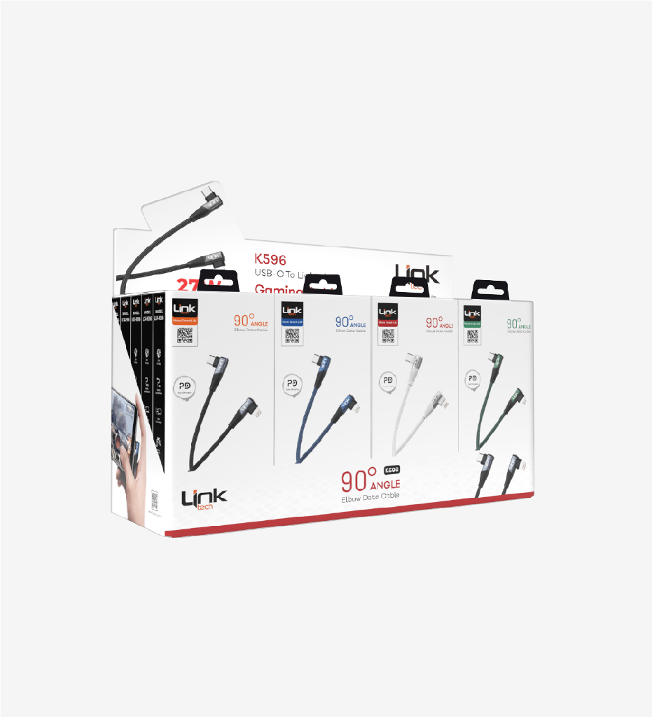 K596 Gaming 90° Derece Metalik Başlıklı 1500mm 3A 27W Örgülü Tip-C Lightning Şarj Kablosu 20'li Paket