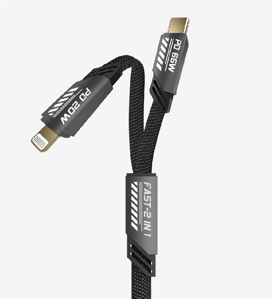 K475 Mecha Style 120cm 65W+20W USB-C → Type-C + Lightning PD Fast Charging Y-Cable