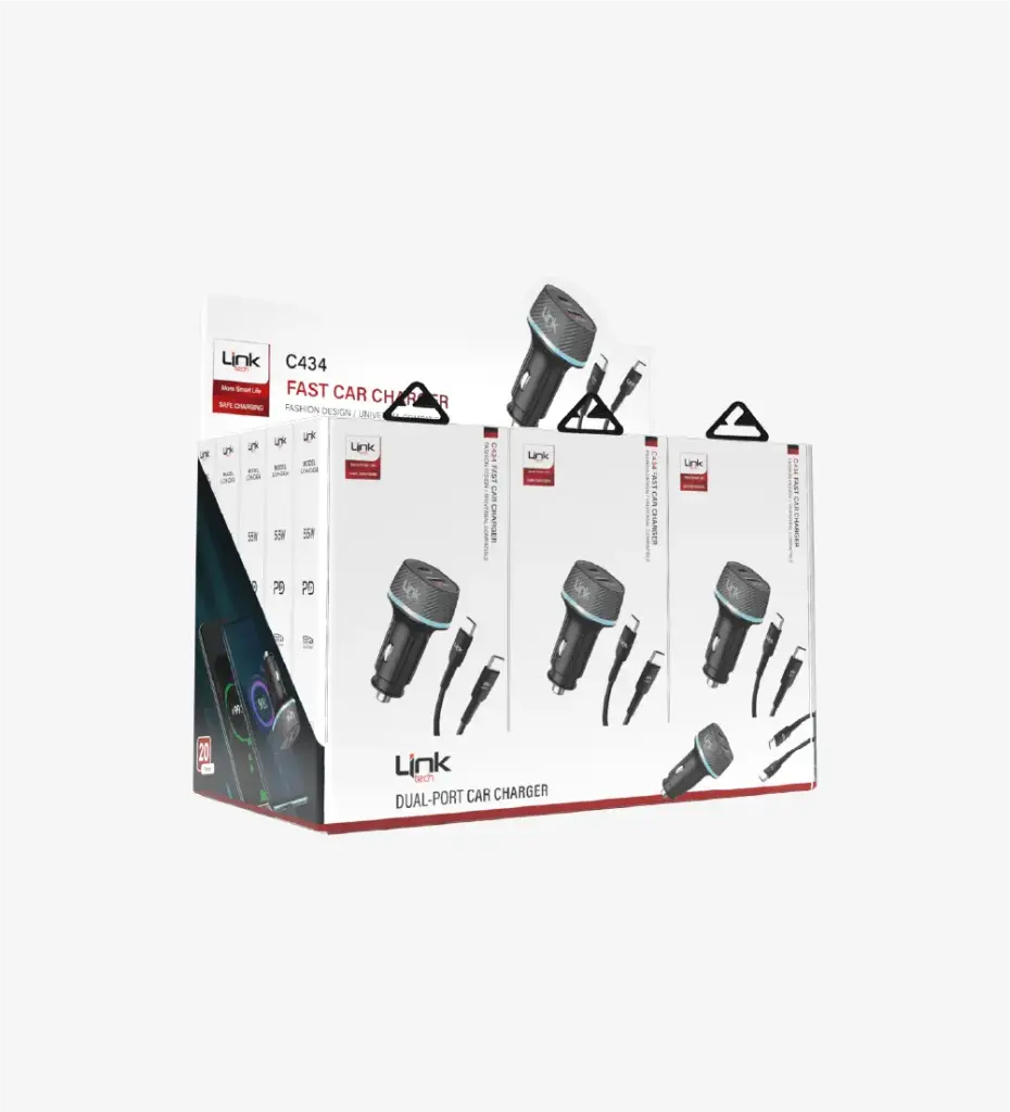 C434 55W Safe Dual PD (30W) & QC (25W) Super Fast Car Charger with Type-C→Type-C Cable 20 Pack