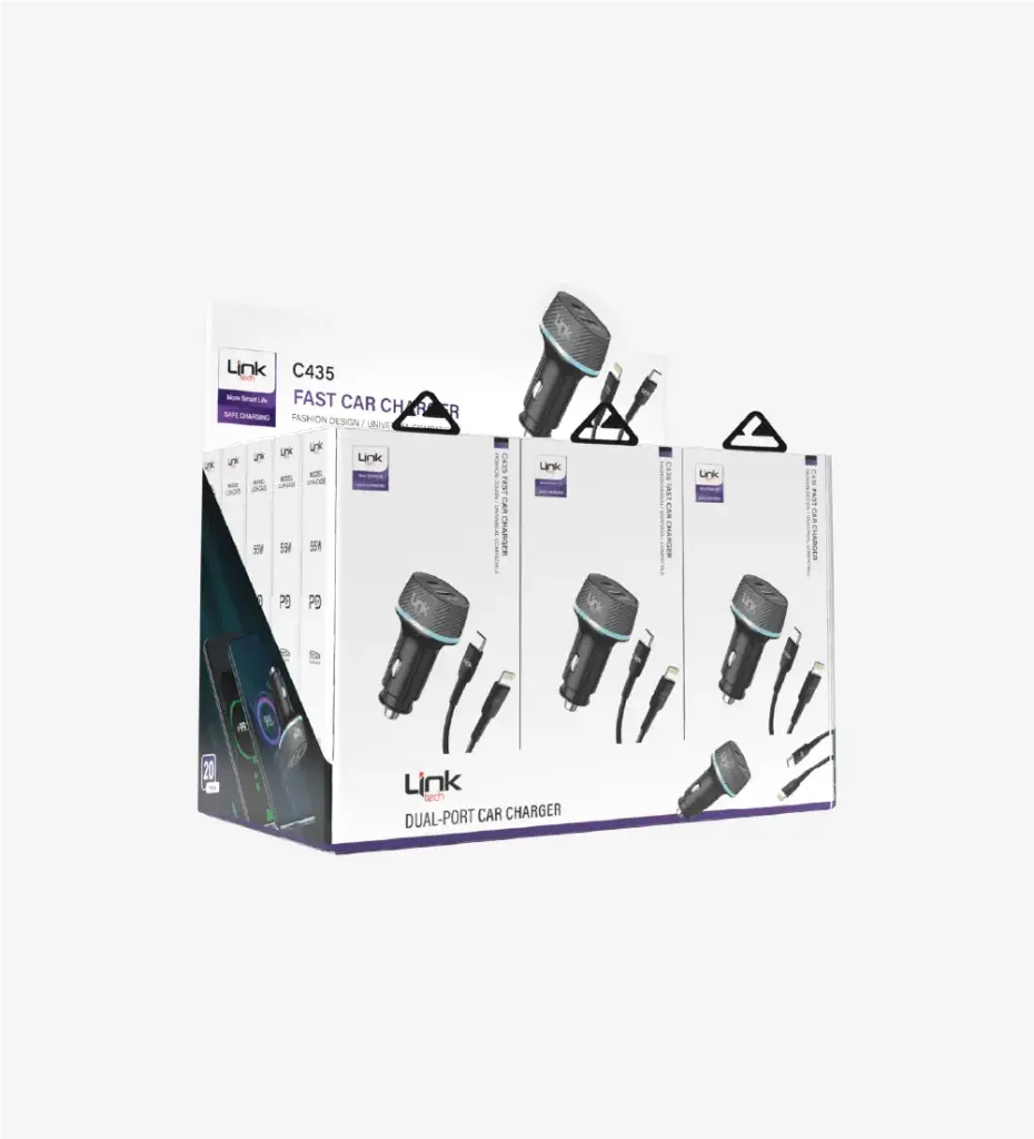 C435 55W Safe Dual PD (30W) & QC (25W) Super Fast Car Charger with Type-C→Lightning Cable 20 Pack