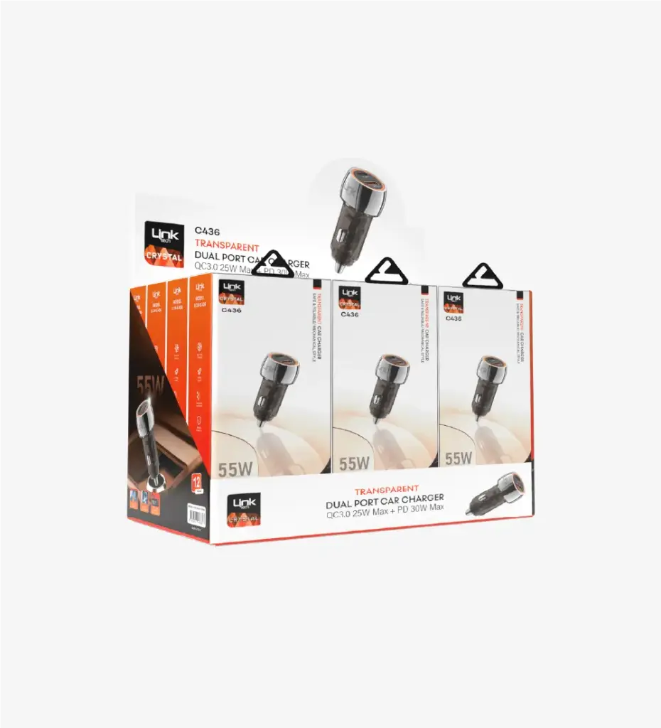 C436 Transparent 55W Dual PD (30W) & QC (25W) Super Fast Car Charger 12 Pack