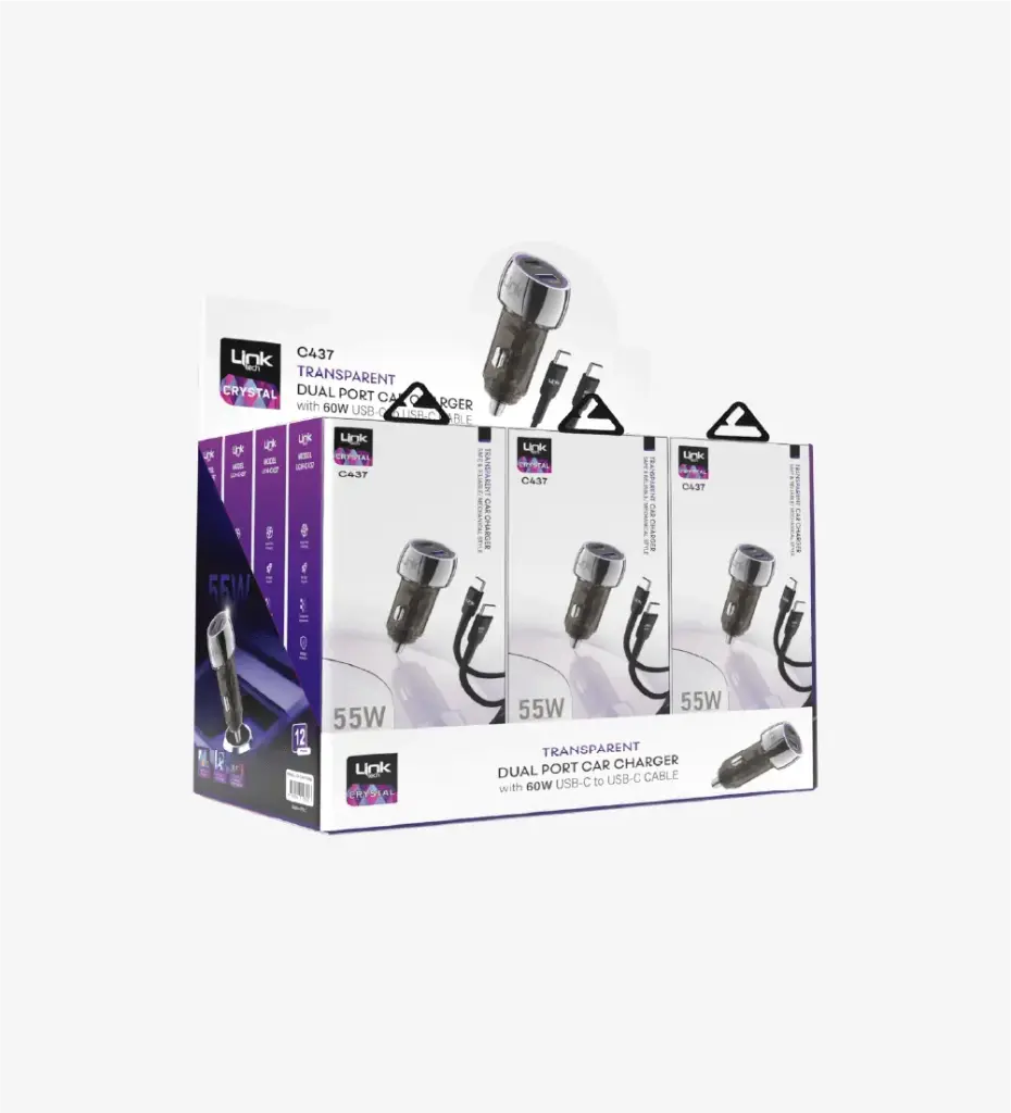 C437 Şeffaf 55W Çift PD (30W) & QC (25W) Tip-C→Tip-C Kablolu Araç Şarj Süper Hızlı Araç Şarj Cihazı 12'li Paket