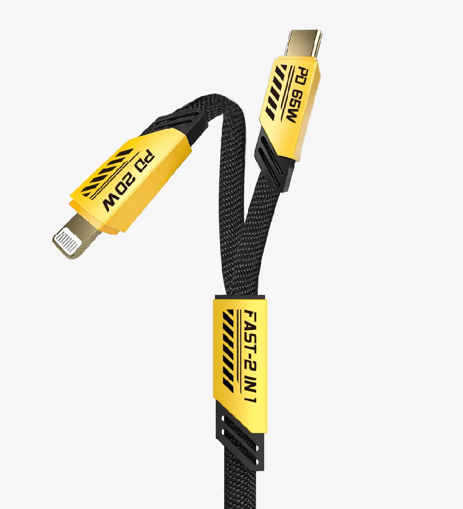 [LCA-K475-YELLOW] K475 Mecha Stil 120cm 65W+20W USB-C → Type-C + Lightning PD Hızlı Şarj Y-Kablosu (Sarı).webp