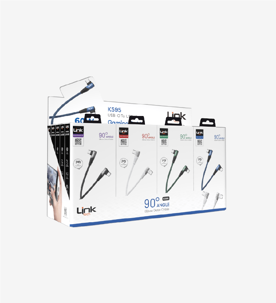 K595 Gaming 90° Derece Metalik Başlıklı 1500mm 3A 60W Örgülü Tip-C Tip-C Şarj Kablosu 20'li Paket