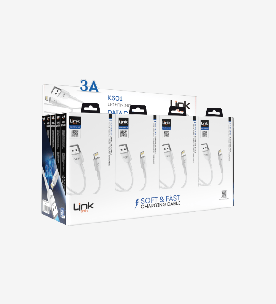 K601 Safe 3A USB-A Lightning USB Charging Cable 100 Pack