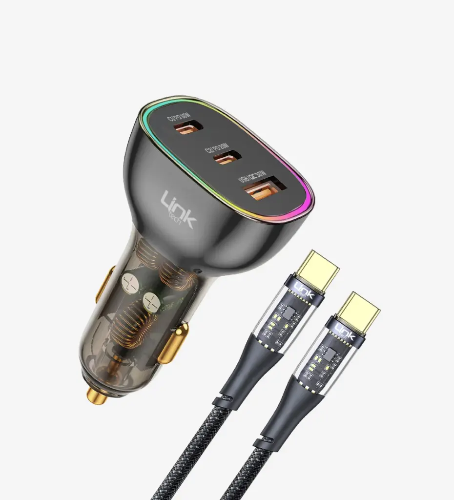 C508 Şeffaf 80W Çift PD (30+20W) & QC 30W Tip-C→Tip-C Kablolu Süper Hızlı Araç Şarj Cihazı