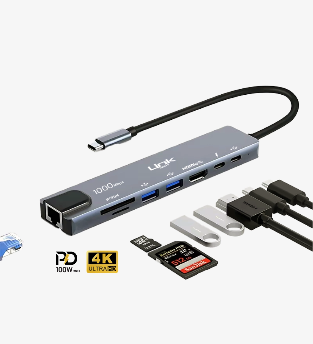 A205 Premium 8 in 1 RJ45, HDMI, Type-C Hub and Card Reader