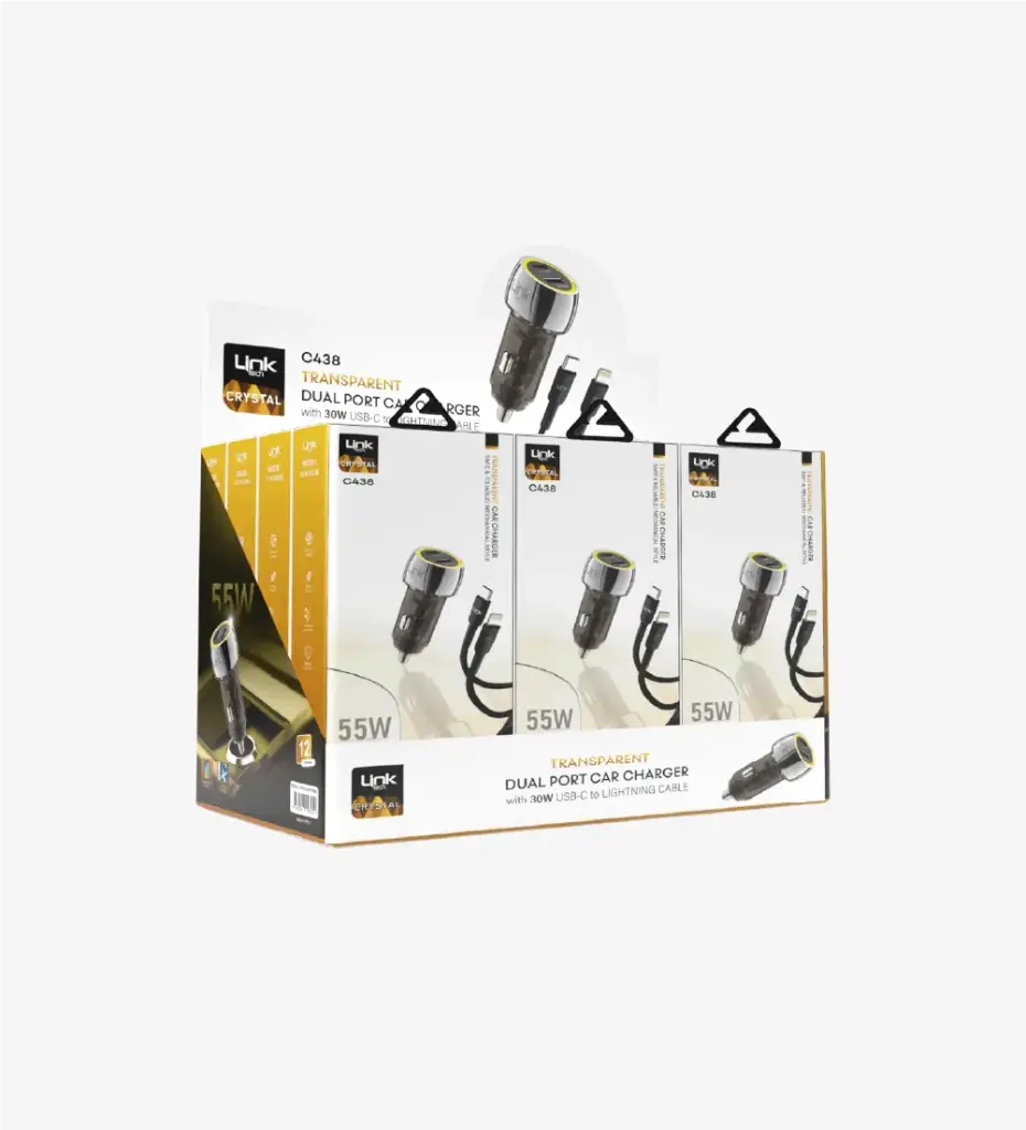 C438 Transparent 55W Dual PD (30W) & QC (25W) Super Fast Car Charger with Type-C→Lightning Cable 12 Pack