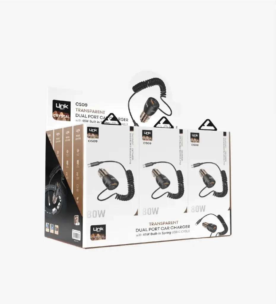 C509 Şeffaf 80W Çift PD & QC Tip-C +Tip-C Kablolu Süper Hızlı Araç Şarj Cihazı 12'li Paket