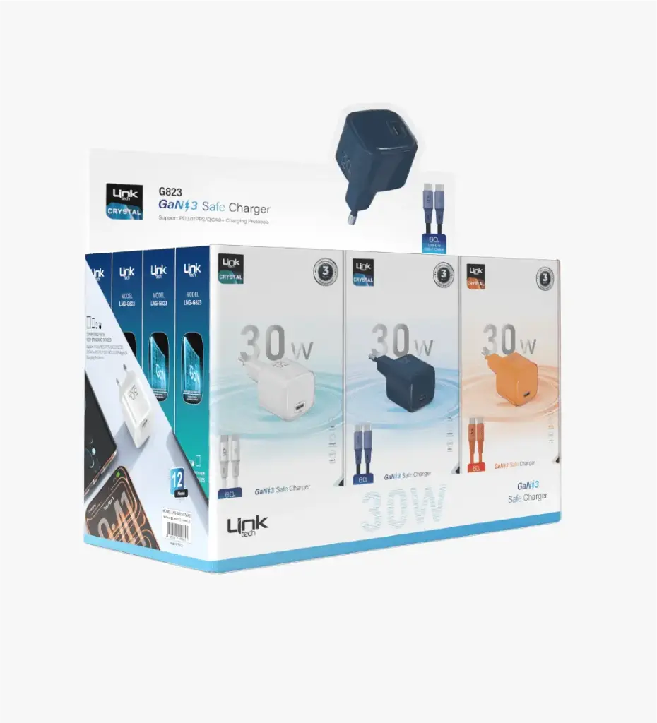 G823 Safe Type-C Kablolu 30W GaN Hızlı Şarj Adaptörü (12'li Paket)